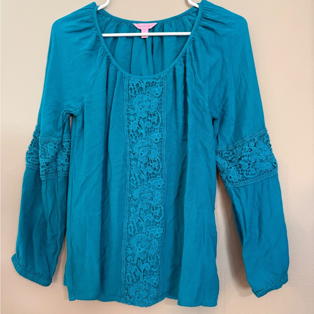 Lilly Pulitzer Teal Crochet-Panel Peasant Tunic
